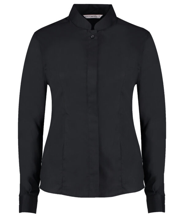 Black Women's mandarin collar shirt long-sleeved (tailored fit) KK261BLAC8